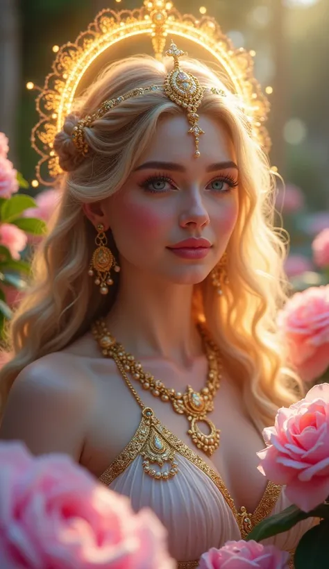 In a dreamlike scene of pastel perfection, a polished rockery shines in the soft light of the setting sun. Visualize the majestic representation of a goddess, Her presence exudes grandeur and richness... Her golden hair, Soft as threads of gold, Gentle wav...