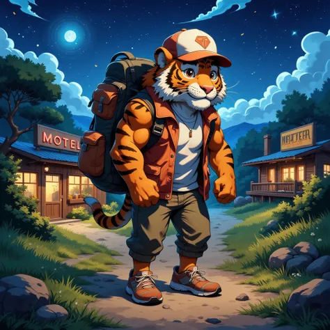 american country, backpacker, muscular middle-aged tiger man, happy, little smile, backpack, baseball cap, costume, jacket, half...