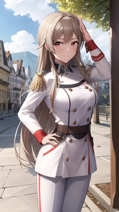 masterpiece, best quality, highres,fel1, military uniform, epaulettes, (white shirt:1.2), white sleeves, long sleeves, white pants, idolmaster, cowboy shot, standing, outdoors, salute, hand on hip, smile