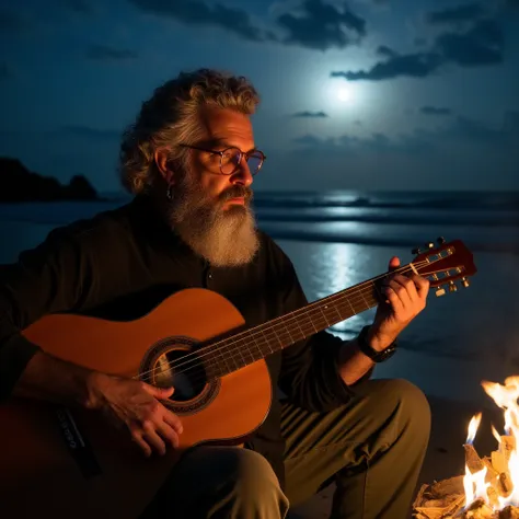 "hyperrealistic, long curly-haired elderly man without a beret, deeply wrinkled face, long white beard. he is sitting at a night...