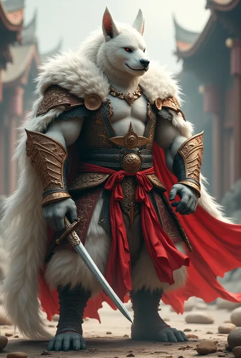  create an image of a medieval guardian beast 1,Height 85 、 weight approx. 85 kg 、They are dexterous in white and red costumes、 has 2 swords 、 has a high mobility 。,  serious face and sassy attitude 、 leaves a strong personality ,  kind and serious  