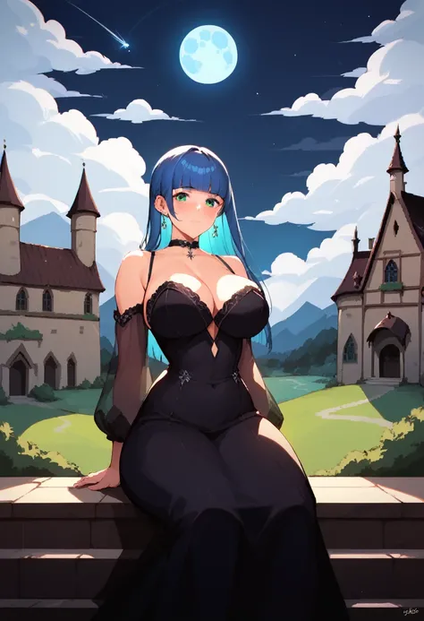 masterpiece, best quality, 1girl, pa-san, green eyes, blue colored inner hair, large breasts, ear piercing, chin piercing, hime cut, choker, black dress, long dress, shoulder cutout, sleeves past fingers, cloud, moon, full moon, Hogwarts, castle hill, nigh...