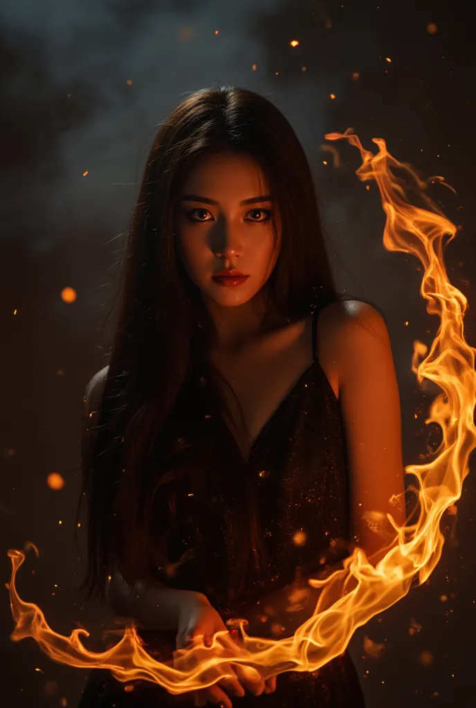 a very beautiful girl who plays the role of a witch whose eyes light red when the magic of fire is applied, dark stage , magic p...