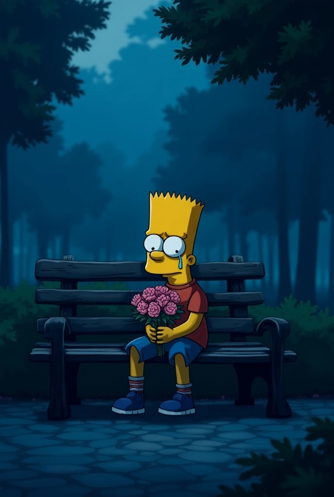 Create me an image of Bart Simpson sitting in a sad blue park with blue tears on his cheeks and a bouquet of flowers