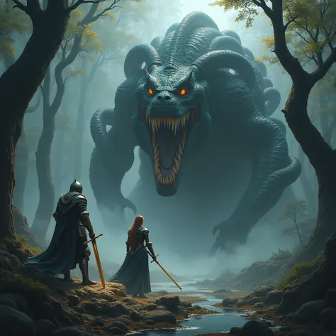 a female knight battling a giant multi-headed hydra monster, highly detailed, fantasy, epic battle scene, a swamp, in a dark forest, hyper realistic, dramatic lighting, cinematic, 8k, artstation, concept art, digital painting, award winning