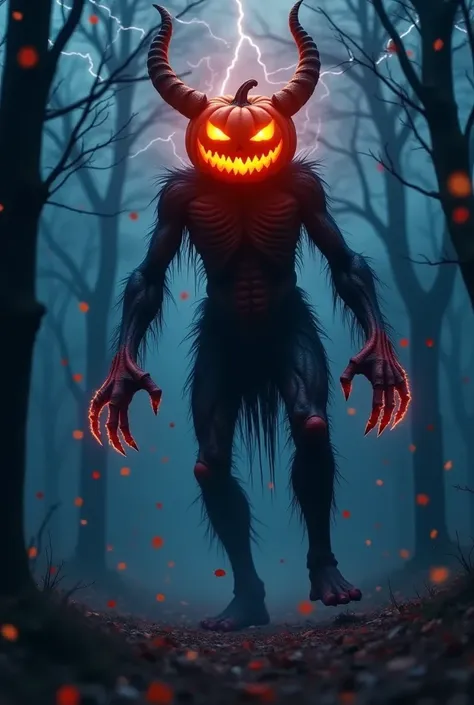 halloween，a scary jack-o-lantern monster, horns of a demon, legs crackled by countless lightning, bare twisted trees, colorful c...