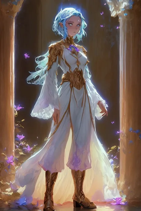 A female air genasi(elemental)  ,wearing a long sleeve robe like dress and pants with boots ,standing in a bioluminescent nature altar  background, cleric aesthetic, dynamic lighting, full-length,dnd character art, graphic novel art style niji-5 