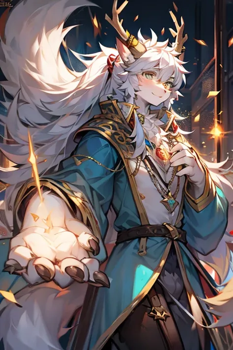 Double，Hairy male，Sika Deer（albino），White fur，Golden antlers，Long hair，White hair，  The ends of the hair are blue，Long hair，Low Ponytail， with golden eyes，While singing magic ，Floating in mid-air， and spread the phalanx under your feet ，handsome，Big Tail，Mage， wearing a blue robe ，White lining， in a dark lab ， moonlight shines through the window。