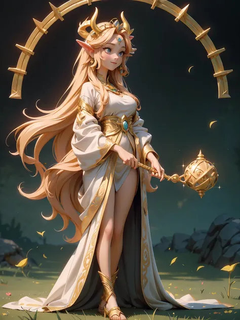  ((masterpiece, ultra detailed)) (1girl) A radiant goddess with long flowing hair, her skin glowing with an inner warmth. She wears a crown with the sun disk and cow horns, symbolizing her divine connection to joy and love. Her robes are decorated with gol...