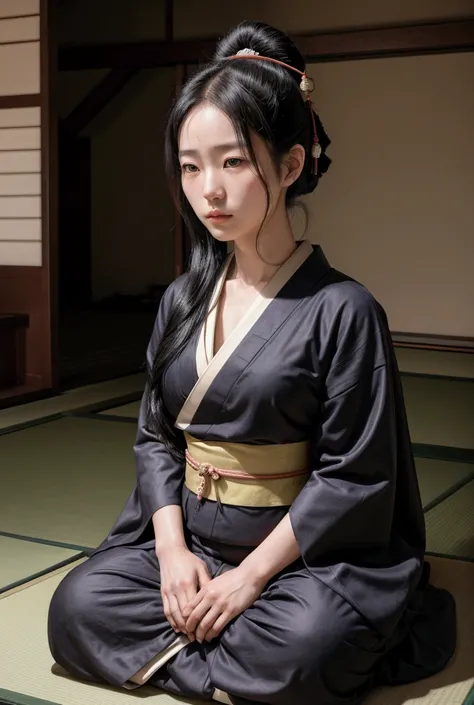  Japanese woman sitting in Zazen in the center of the small temple, surrounded by centuries-old trees .  She is wearing a dark-colored kimono ,  with long black hair tied in an attic . Your gaze is strong and determined,  but also has an air of peace and c...