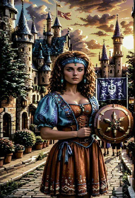 pixelism, (pixel style), 8 bits, Lady Raya from the game Defender of the Crown, standing proudly in a medieval castle courtyard, with stone walls, banners, and knights in the background. The scene is pixelated in classic 8-bit style, capturing the retro ae...