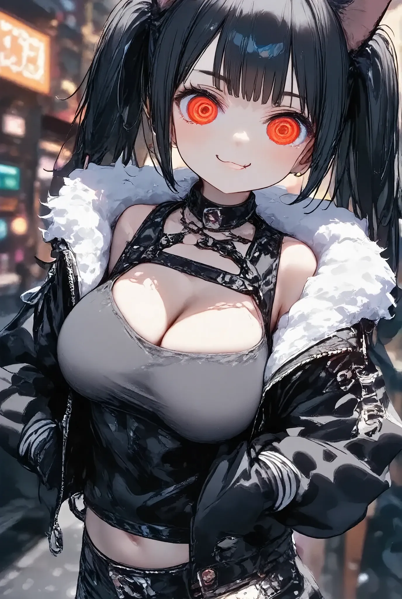 
girl\(cute, kawaii, age of 12,evil smile,black hair,long hair,twin tails hair,pale skin, skin color blue, red eyes, eyes shining,big eyes,breast,punk fashion,ripped clothes,tight tube top,tight hot pants,stomach shown,ripped black short jacket,fluffy black cat-ear,dynamic pose,spiral eyes,bang\),background\(outside, noisy city, backstreet, narrow street, neon lights, at night\)