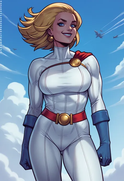 the character power girl, perfect costume, smooth curves, blond hair, perfect blue eyes, beautiful smile, flying in the sky (ati...