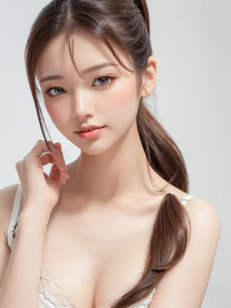 Beautiful breasts,(Neat,   elegant:1.4),,(adult,1.4),(Clear Eyes:1.4),(   very cute:1.2),(Small breasts:1.2),   Natural makeup ,A kind smile,  wide shot,(Highly detailed debtace and skin texture:1.4),(Alone:1.3),   best quality  ,masterpiece,   Ultra-fine ,(Realistic:1.3),(8K Ultra HD,RAW Photos:1.2),35mm Lens, debt/1,(Detailed eyes:1.2), double eyelid,(    white background  : 1.3) ,(Standing pose,debtull body:1.4、knit、 medium distance photo shoot 、(((Place your right hand on your chest 1.85)))、(((young、、girl)))、 ((( ponytail hair ))) 、(((clear 1  .5、 Pure 1.5、 pure 1.5、ピュア1.5)))、