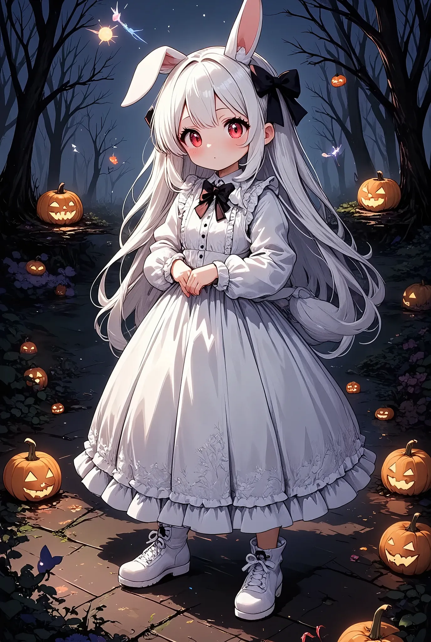 girl\(chibi,cute,kawaii,small ,white hair,very long hair,bangs,ear\(fluffy white bunny-ear\), bunny tail,red eye,big eye,beautiful shiny eye,skin color white,big hairbow,white frilled dress,breast,full body\), many jack-o'-lantern ,background\(dark woods, dead trees, horror mood, Halloween night\)