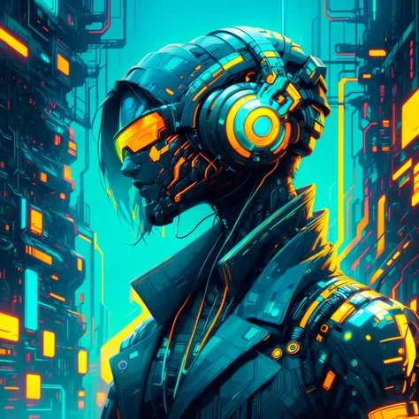 a close up of a person wearing headphones and a suit, neon operator, cyberpunk dude, cyberpunk hero, neon scales and cyborg tech...