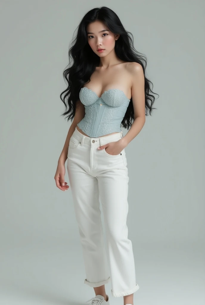 A white woman with black hair, wearing a baby blue lace corset, And white jeans and white sneakers. realistic image.