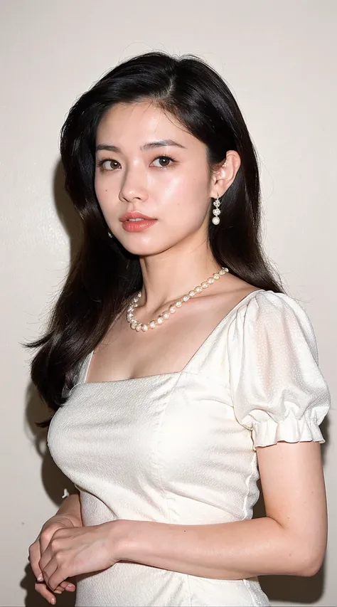 ((Best Quality, 8k,  Portrait Photography : 1.3)), (Viewer Display),  Photorealism ,  Sharp focus, 1girl, medium long hair , pearl necklace 、 pearl earrings 、 Accentuate your bust, medium breast,(mini skirt casual dress)，30 years old、Floral background