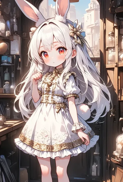 girl\(chibi,cute,kawaii,small ,white hair,very long hair,bangs,ear\(fluffy white bunny-ear\), bunny tail,red eye,big eye,beautiful shiny eye,skin color white,big hairbow,white frilled dress,breast,full body\),background\(in the train\)