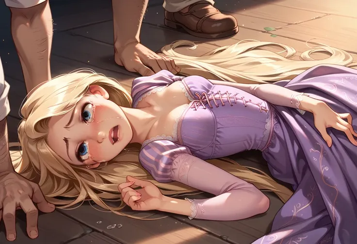 1girl ,rapunzel,,skinny, beautiful, blue eyes, dress crying, fucked by old man, ((having sex)), lying on the floor