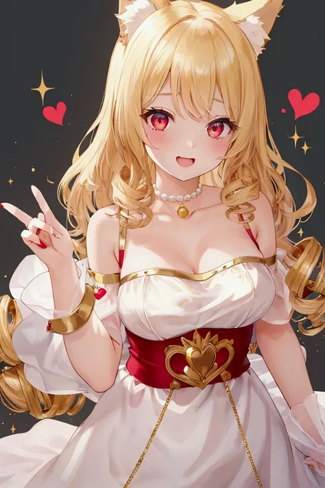 one girl,  blond hair, red eyes,   sparkling eyes, laugh heartily,  medium cut hair ,  curly hair, dog ears, pearl choker , gold...