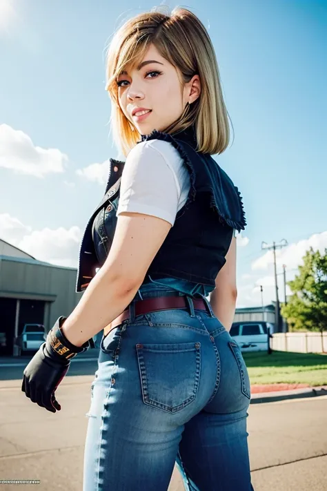 jennette mccurdy android18db aretes, jewelry, denim, smile,  belt, vest, cloud, sky, day, pants, al aire libre, gloves, collar, ...