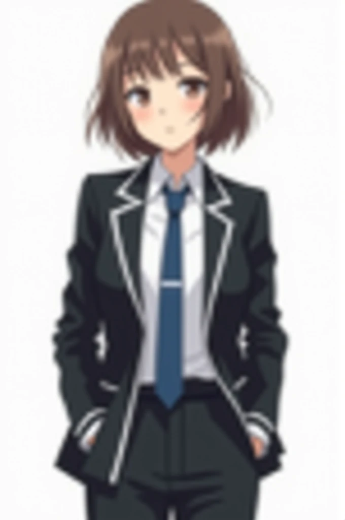 A simplified anime-style drawing of a young woman with short brown hair wearing a black blazer with white detailing, a blue tie, and pants. She has her hands in her pockets and a calm expression. The style should maintain the simplicity of anime while pres...