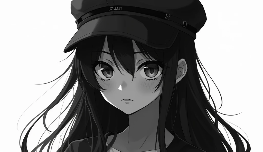 a woman with a cap and long hair in black and white anime features