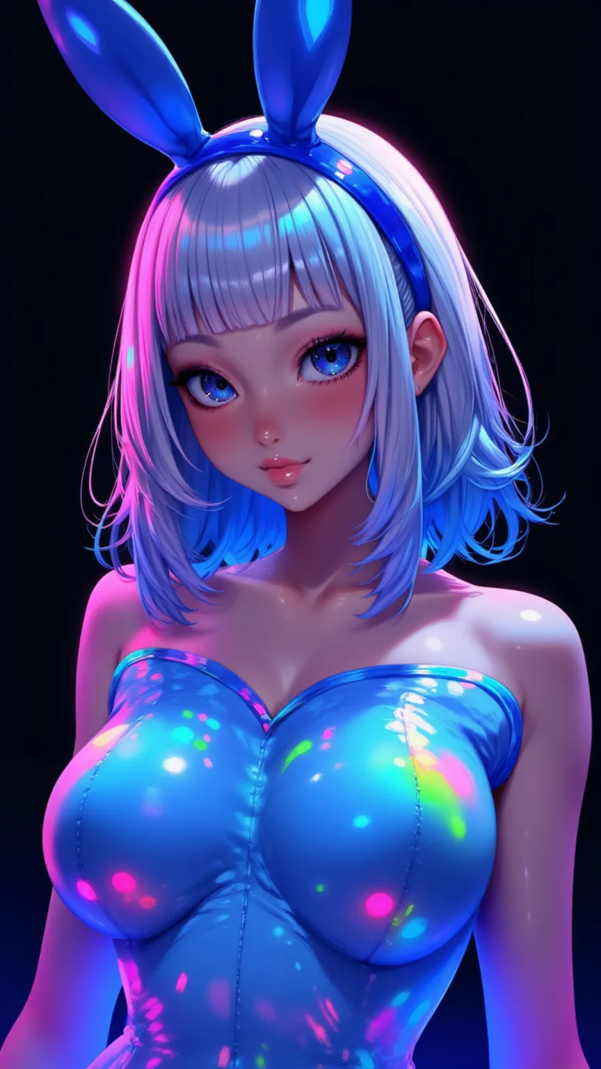 one girl, medium hair, silver hair, blue long dress, blue bunny ears , she has large expressive blue eyes,backlight, black light...