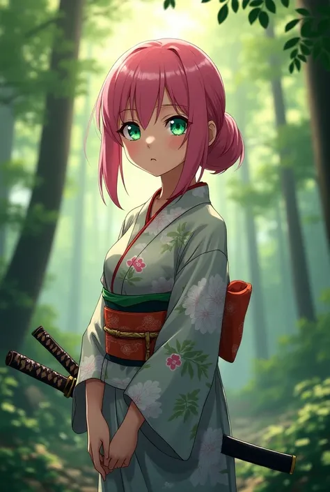 Anime girl, 22 years old, Pink hair and green eyes , Serious look, wearing kimono and a katana, in a forest