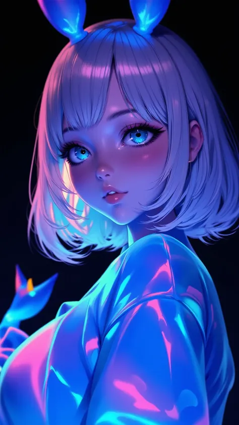 one girl, medium hair, silver hair, blue long dress, blue bunny ears , she has large expressive blue eyes,backlight, black light...