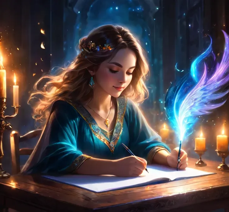 Girl at a table writing, channeling conscuousness, channeling her twin flame, bringing consciousness through psychic connection, beautiful glowing joyful expression of love, magical powers