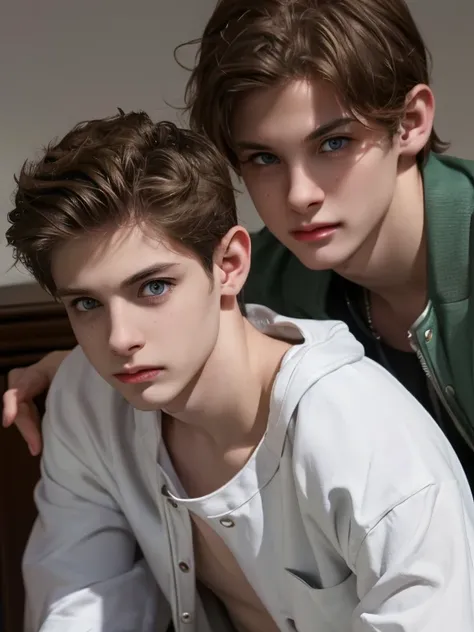 a highly detailed portrait of 2 hendsome boys, slender young boys, европейские in casual, sports ,fit  , beautiful and cute ,  w...