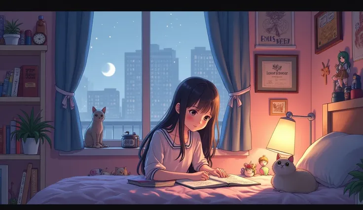  1 girl, Long Hair, Anime Style, Late Night、pale pink room
Lots of figurines in the room
Studying in the bedroom
The cat is by my side