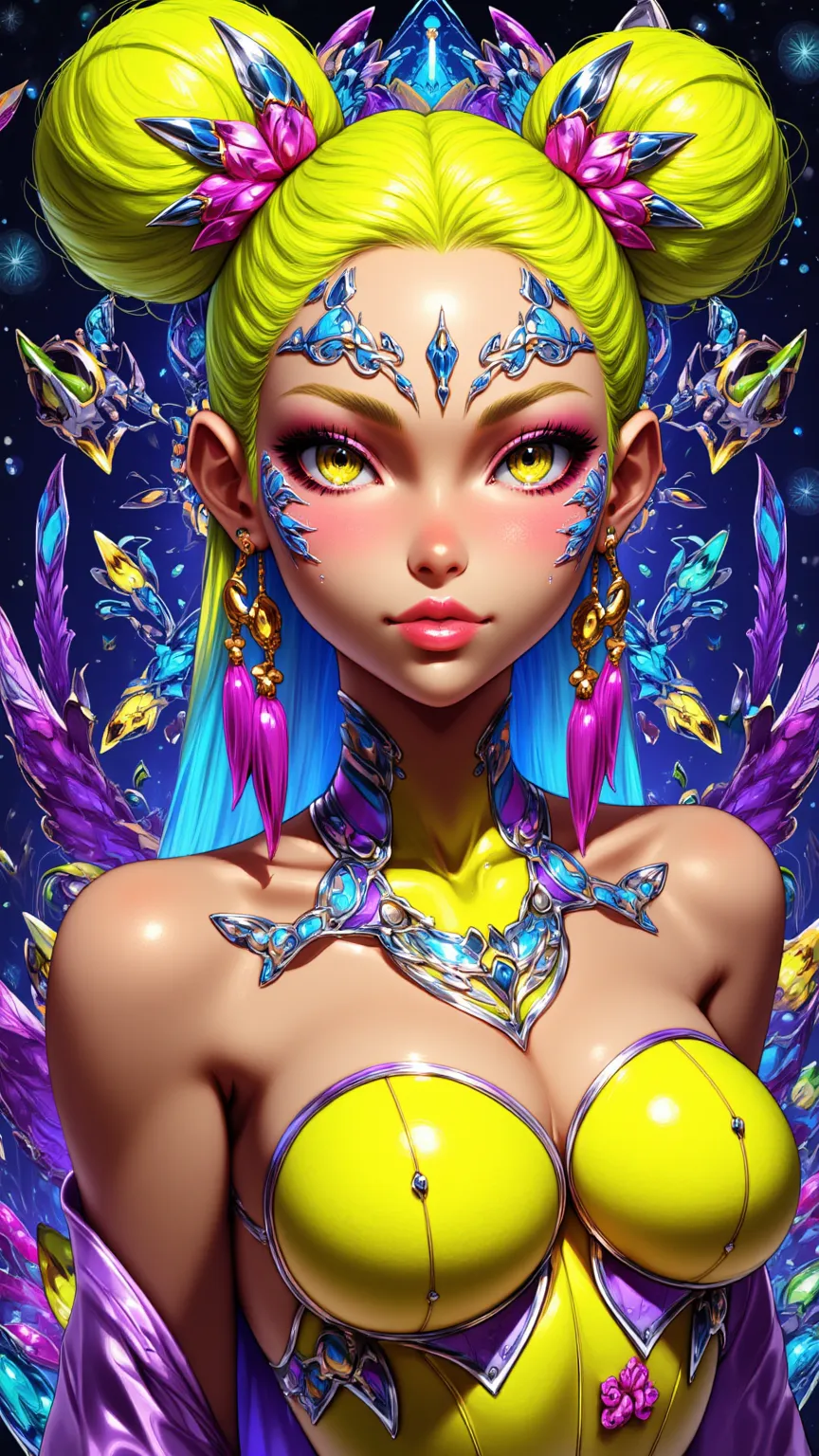 ((best quality)), ((masterpiece)), (detailed), perfect face of cyberpunk mecha japanese girl, neon yellow eyes, neon yellow metallic body, neon purple skin, neon yellow hair, ((monochromatic neon yellow and silver metallic color palette)), surreal, art nou...