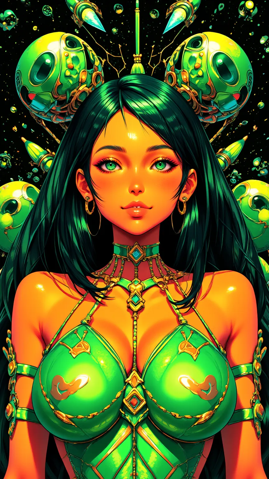 ((best quality)), ((masterpiece)), (detailed), perfect face of cyberpunk mecha japanese girl, neon green eyes, neon green metall...