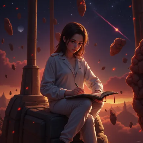 draw a young programmer sweet teen girl, sitting on a research platform floating in the middle of an asteroid belt. she is study...