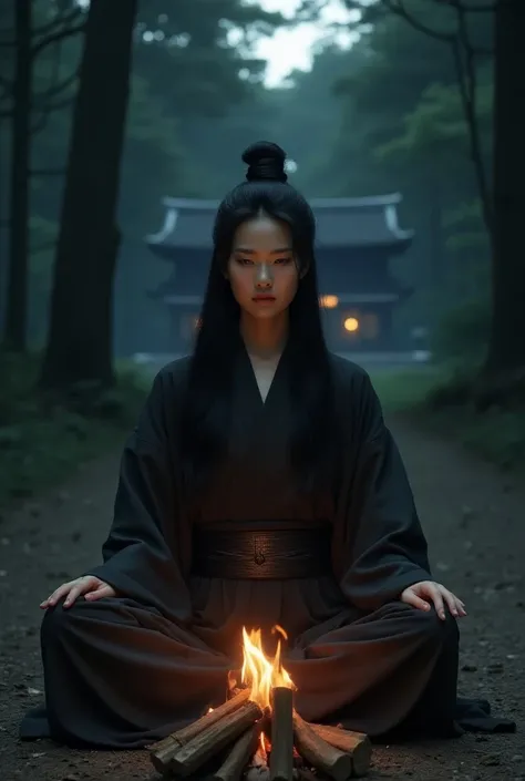  Japanese woman sitting in zazen in front of the bonfire of a supernatural temple hidden in the Kumano Forest, surrounded by centuries-old trees .  She is wearing a dark-colored kimono ,  with long black hair tied in an attic . Your gaze is strong and dete...