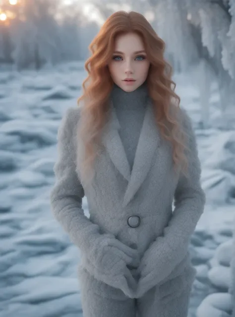 professional photo, 1girl, posing, ginger long wavy hair, office suit made of ice and frost, icefashion, complex park background...