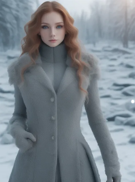 professional photo, 1girl, posing, ginger long wavy hair, office suit made of ice and frost, icefashion, complex park background...