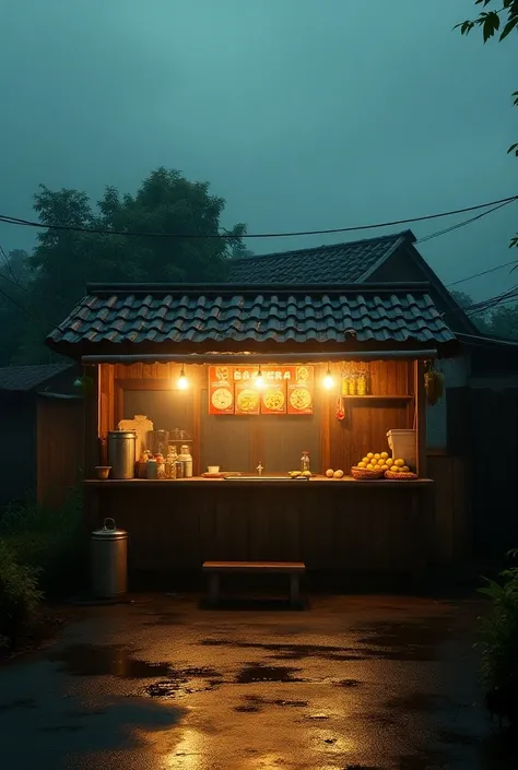 A traditional food stall in an Indonesian village appears deserted with bright lights illuminating the atmosphere of drizzling rain and thin fog 