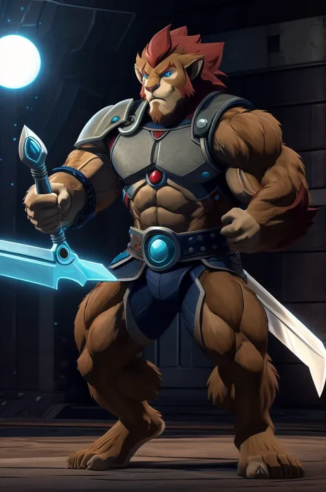 Uma imagem realista de Lion-o dos thundercats, super muscular giant, with muscular arms , blue eyes, a tail, super hairy brown fur, with veins popping out, ombros largos, Giant toned physicist ,  muscle veins bursting, wearing armor,  standing barefoot ,  ...