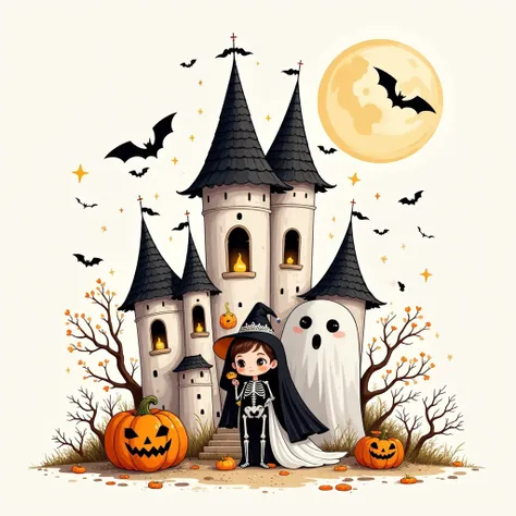 halloween，minimalism，gothic，cute，castle，atmosphere，weird， suspenseful ， ghost bride ， skeleton bride ，super cute ， giant ghost ，...