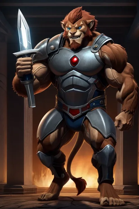 uma imagem realista de lion-o dos thundercats, super muscular giant, with muscular arms , blue eyes, a tail, super hairy brown f...