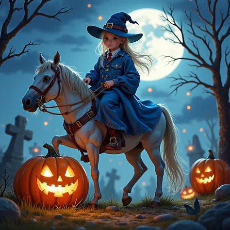 halloween night， ghost wearing a blue denim costume，ride on a horse， behind it is a graveyard ，cowboy blue light blue ，cowboy ha...