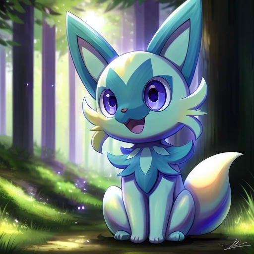 masterpiece,  best quality , highest quality,  purple eyes, glowing pokémon,  forest background, alone, scalpel, happy,  opens h...