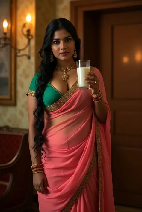 hot sexy short south indian brown curvy slim milf with long single plaited hair, big breast, big hip, big ass, thick thighs, woman wearing pink wedding saree and green blouse, Deep low neck big boods 
clevage  in wedding decorated bedroom, night time, brig...