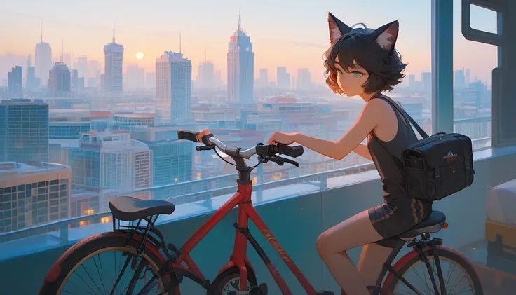 best quality, 1 girl,city,california,cat ears,morning,coastal,bicycle