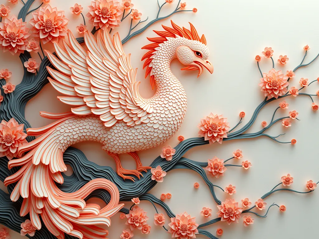 Create detailed paper cut artwork，描绘将复杂图案与Chinese Phoenix相结合的场景。The scene should include animals（Chinese Phoenix）A fusion of delicate decorative patterns interwoven together。这些图案应该与Chinese Phoenix相得益彰，Create a seamless combination between nature and abstraction。The artwork should evoke a sense of wonder and intricacy，Highlight the beauty and complexity of patterns and creatures。The overall atmosphere should be artistic，Capture the elegance of nature through detailed design