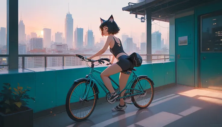 best quality, 1 girl,city,cat ears,morning,coastal,bicycle